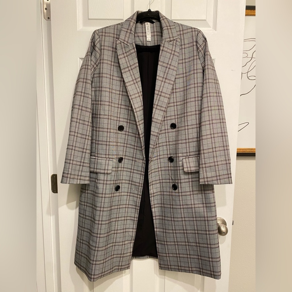 Grey plaid longline coat. Mural brand. Size S. Originally purchased at TJ Maxx.